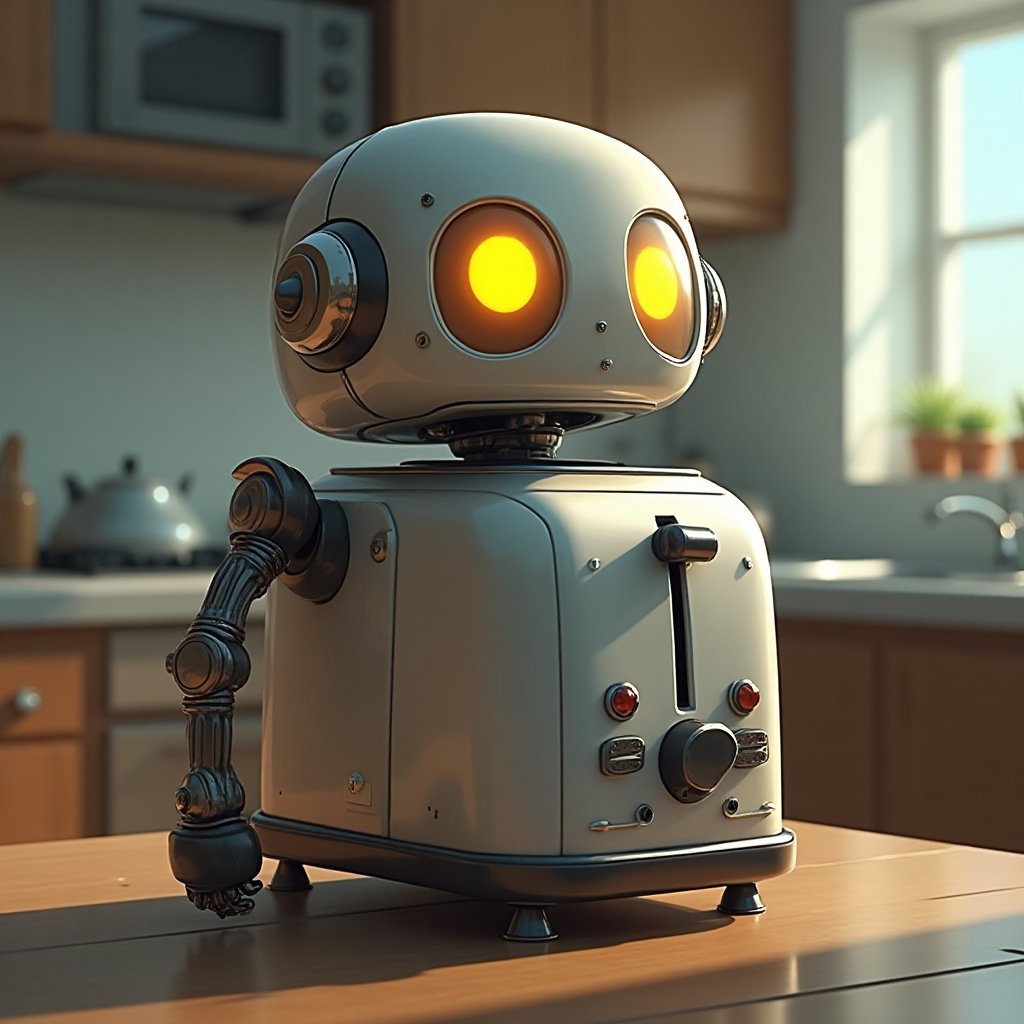 A robot shaped like a toaster, with glowing eyes and smooth metallic surfaces, in a cartoon kitchen, hyper-realistic shading