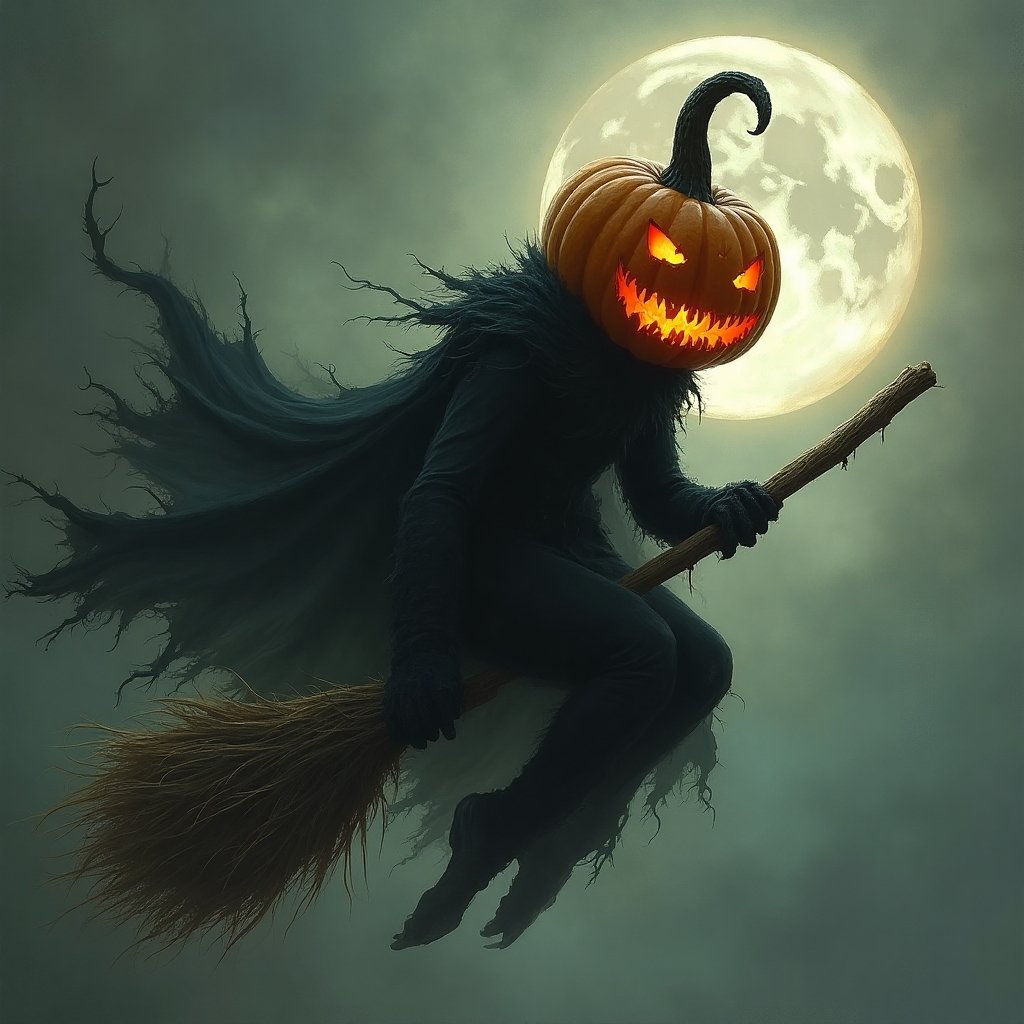 A sinister pumpkin character, flying on his witches broom, dark fantasy art by greg rutkowski, creepy, halloween