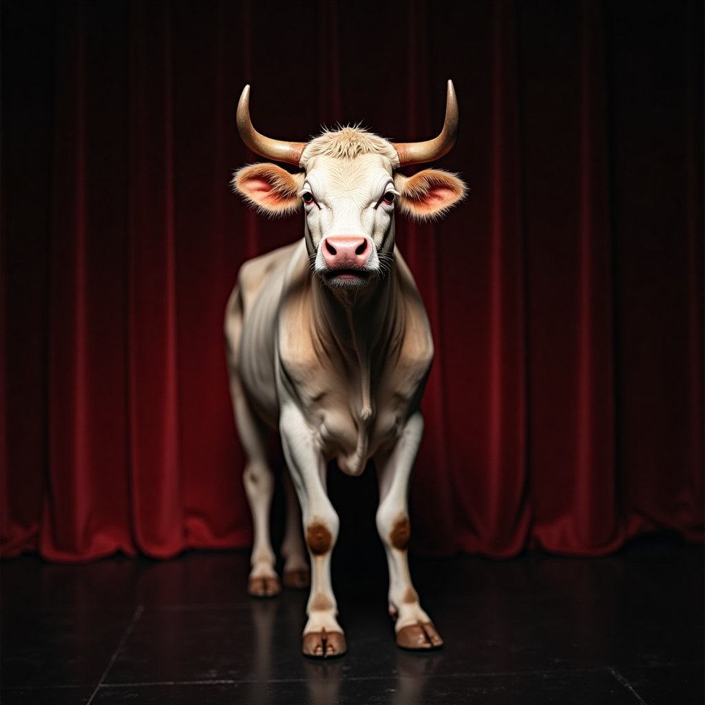 Cow doing stand-up comedy on stage