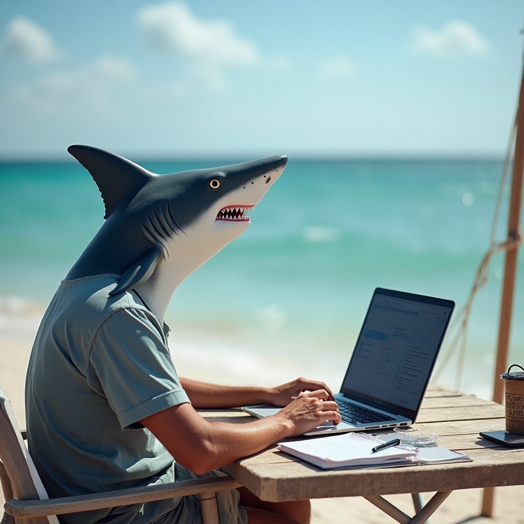 Shark working remotely at a beach desk