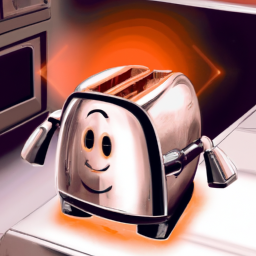 A robot shaped like a toaster, with glowing eyes and smooth metallic surfaces, in a cartoon kitchen, hyper-realistic shading