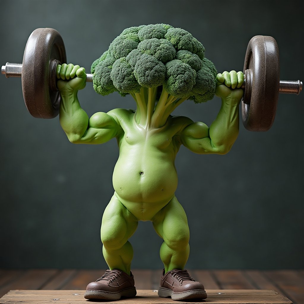 Broccoli lifting weights at a vegetable gym