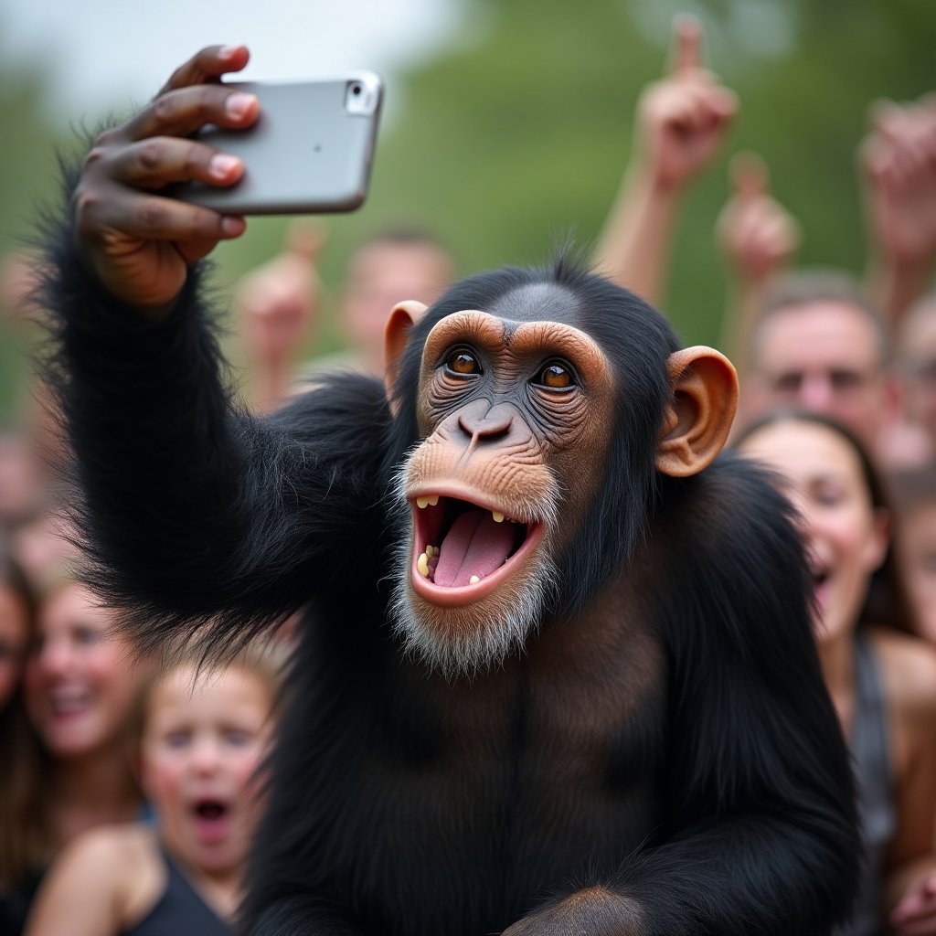 Chimpanzee taking a selfie with fans