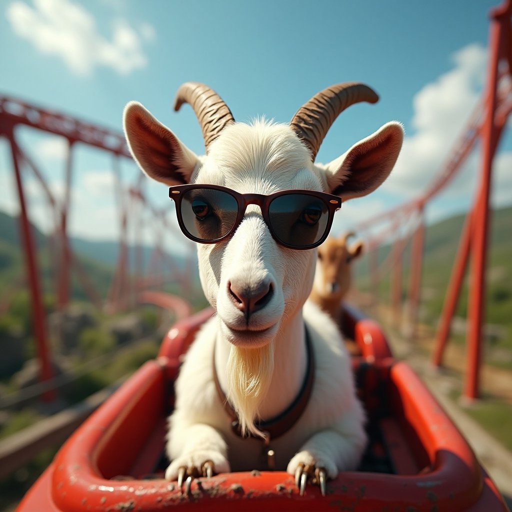 Goat wearing sunglasses on a roller coaster