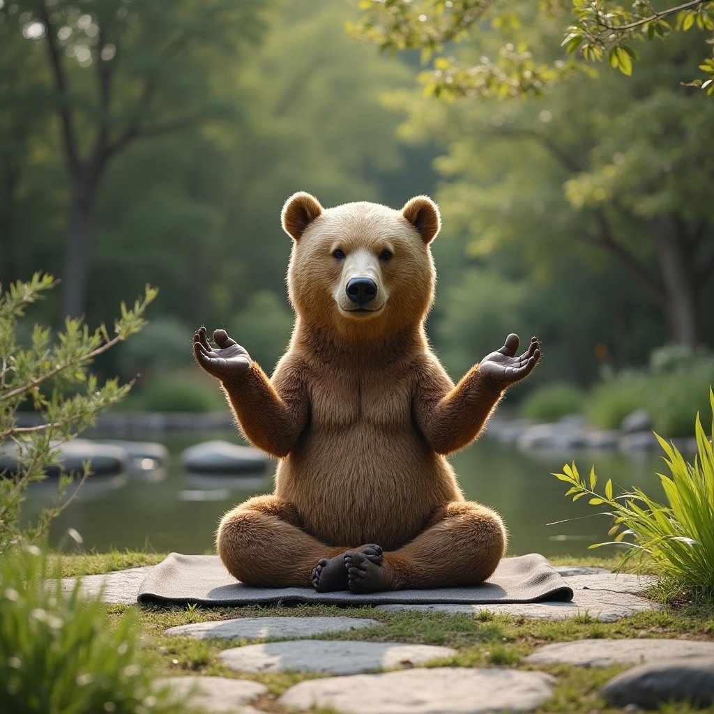 Bear doing yoga in a zen garden