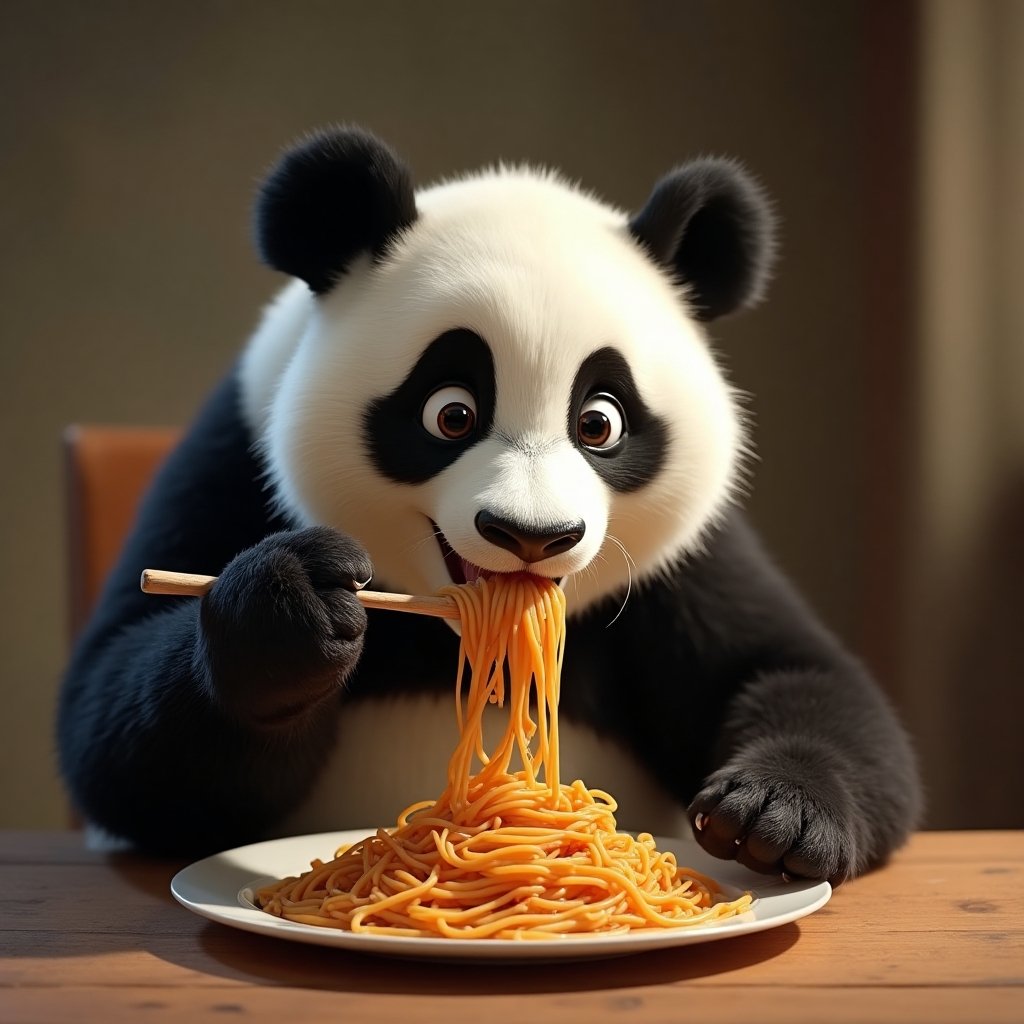 Panda eating spaghetti like in Lady and the Tramp