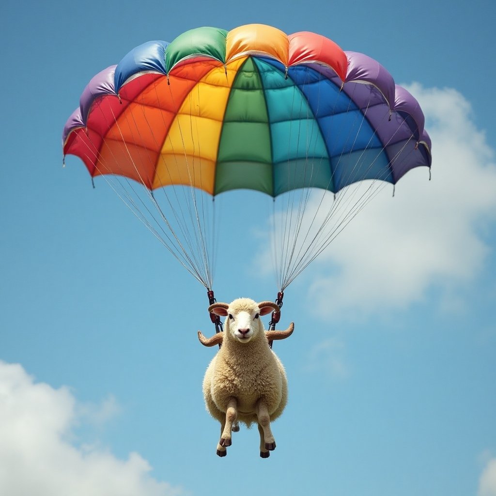 Sheep skydiving with rainbow parachute