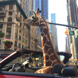 Real giraffe driving a convertible through Times Square