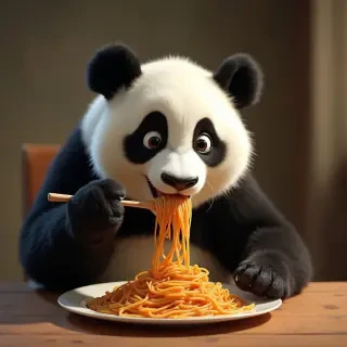 Panda eating spaghetti like in Lady and the Tramp