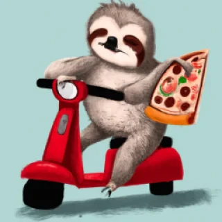 Sloth delivering pizza on a scooter