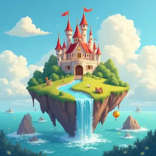 A magical floating island with a tiny cartoon castle and rainbow waterfalls, sunny skies, whimsical feel