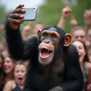 Chimpanzee taking a selfie with fans