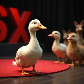 Duck giving a TED Talk in front of other animals