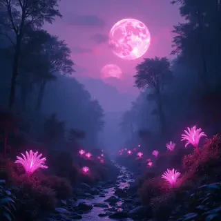 An alien jungle glowing with bioluminescent plants, under a violet sky with twin moons, ultra-detailed, 8K resolution