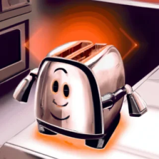 A robot shaped like a toaster, with glowing eyes and smooth metallic surfaces, in a cartoon kitchen, hyper-realistic shading