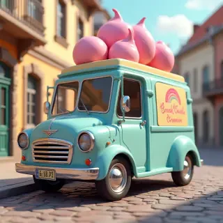 A cartoon-style ice cream truck with exaggerated curves and colors, parked on a cobblestone street, highly detailed 3D rendering