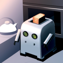 A robot shaped like a toaster, with glowing eyes and smooth metallic surfaces, in a cartoon kitchen, hyper-realistic shading